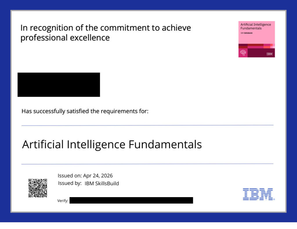 「人工知能基礎 IBMデジタル資格（Artificial Intelligence Fundamentals IBM SkillsBuild）」合格証